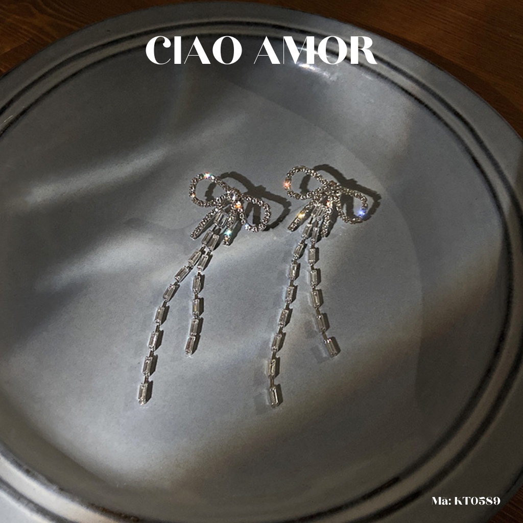 KT0580-Khuyên tai nữ, Bông tai bạc 925 nơ rũ đá khúc bling Trang sức Ciao Amor