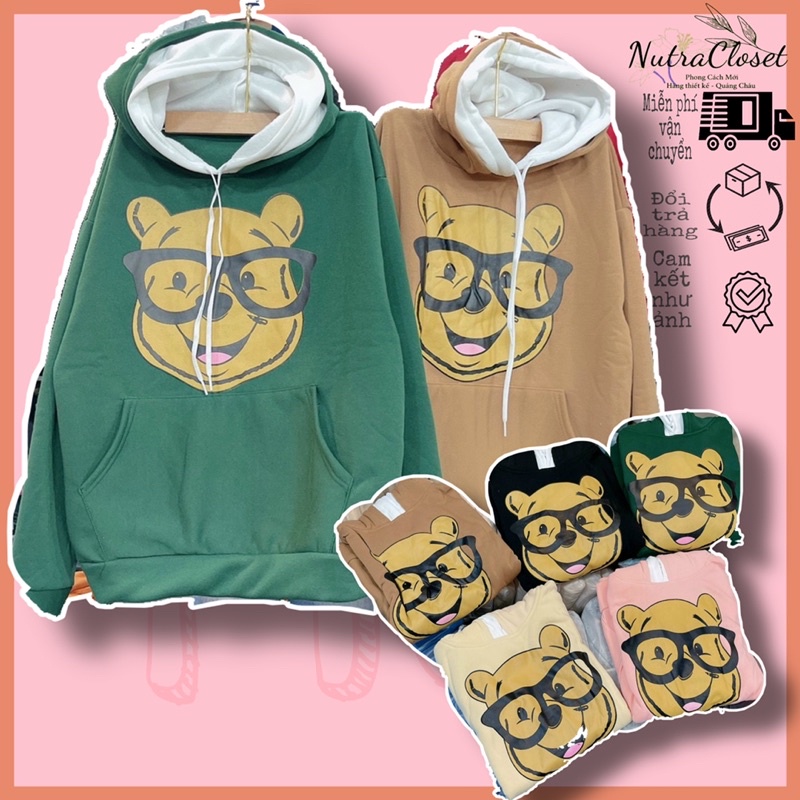 Áo khoác chui đầu hoodie nỉ ngoại có nón in gấu unisex ulzzang nam nữ