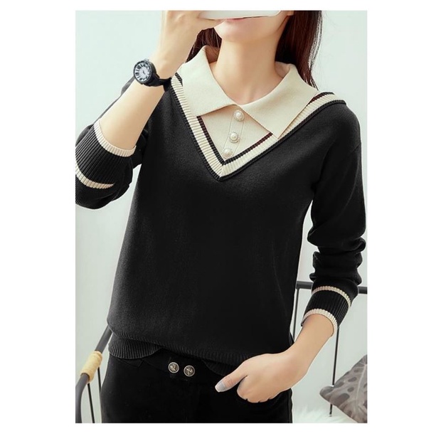Áo Sweater Dệt Kim Tay Dài Dáng Rộng Cổ Búp Bê Giả Hai Lớp Thời Trang Thu Đông Cho Nữ