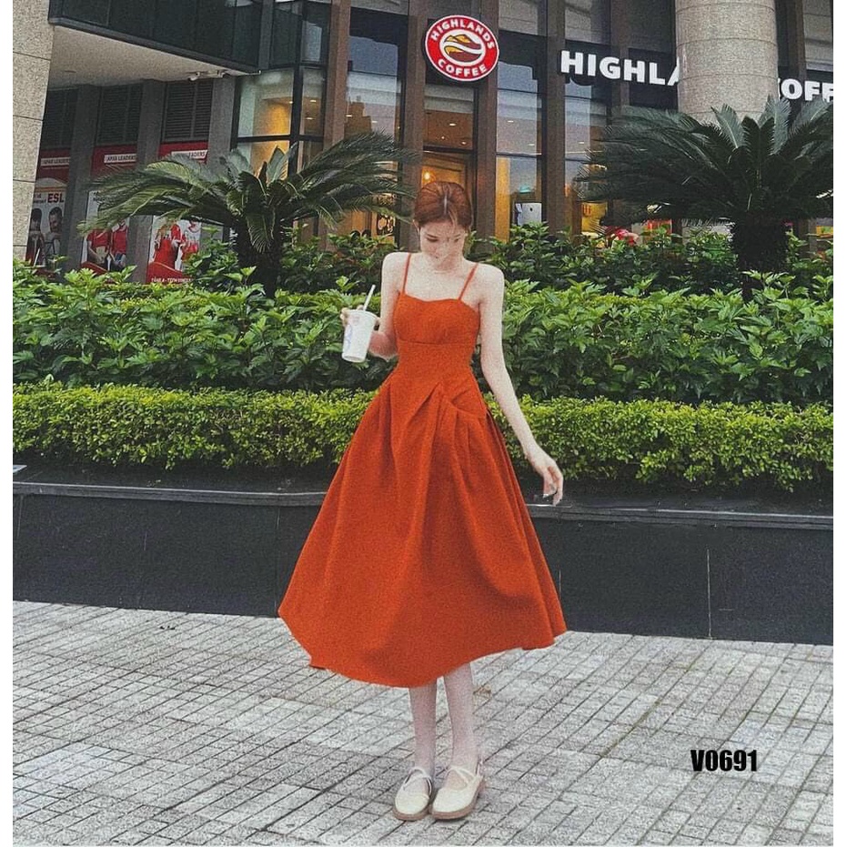 (FreeShip 2022) Đầm 2 dây dáng xòe,đầm lụa thiết kế túi nhún xếp li tinh tế,tone màu cam hottren tôn da