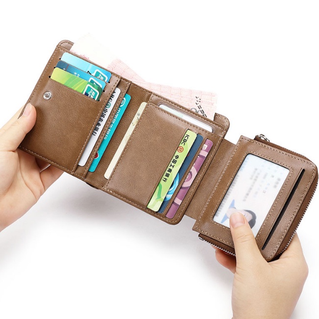 Ví Da PU Ngắn Gập Làm Ba Đựng Nhiều Thẻ Có Khóa Kéo Đa Năng Phong Cách Retro Cho Nam