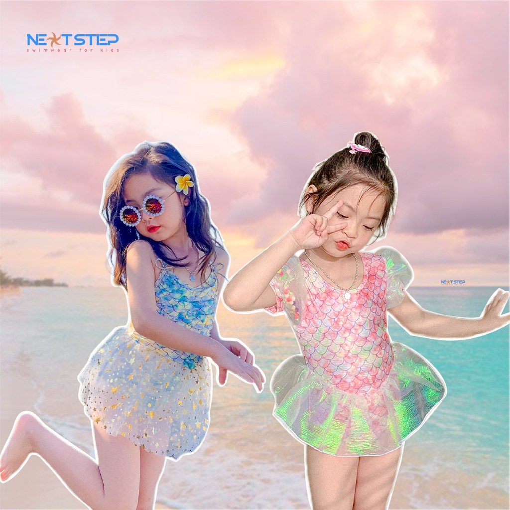 Đồ bơi bé gái Bikini 1 mảnh chân váy liền thân họa tiết vảy cá óng ánh, phối vải ren lưới siêu xinh cho bé đến 8 tuổi