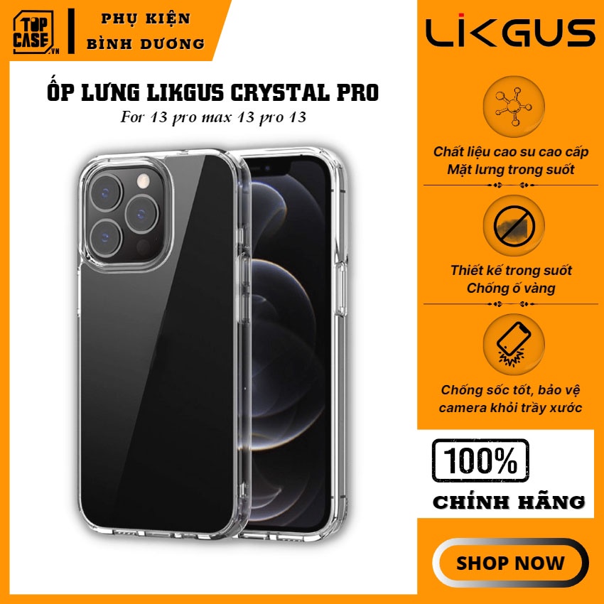 Ốp Likgus Crystal Pro - PKL02 - trong suốt, chống sốc, chống ố vàng, IP 13 pro max, 13 pro, 13 - Phụ Kiện Bình Dương