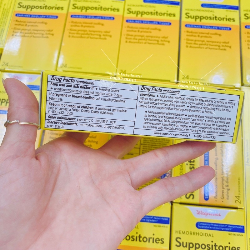 Hộp 24 viên đặt trĩ Hemorrhoidal Suppositories Walgreen Mỹ