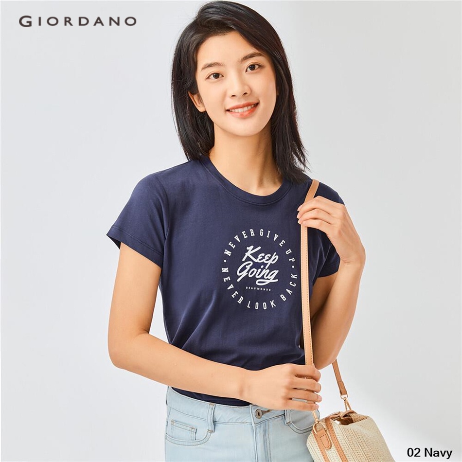 Áo thun GIORDANO 13392201 cổ tròn ngắn tay in chữ đồ họa 100% cotton thoải mái trẻ trung mùa hè cho nữ