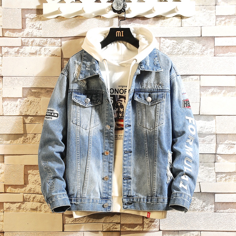 Mới Áo Khoác denim Dáng Rộng Thời Trang Xuân Thu 200 pounds Có size Lớn Cho Nam Giới
