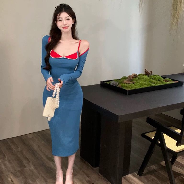 Jiashucheng Áo Khoác Ngắn Phối Váy Hai Dây Màu Sắc Tương Phản Phong Cách Retro Quyến Rũ