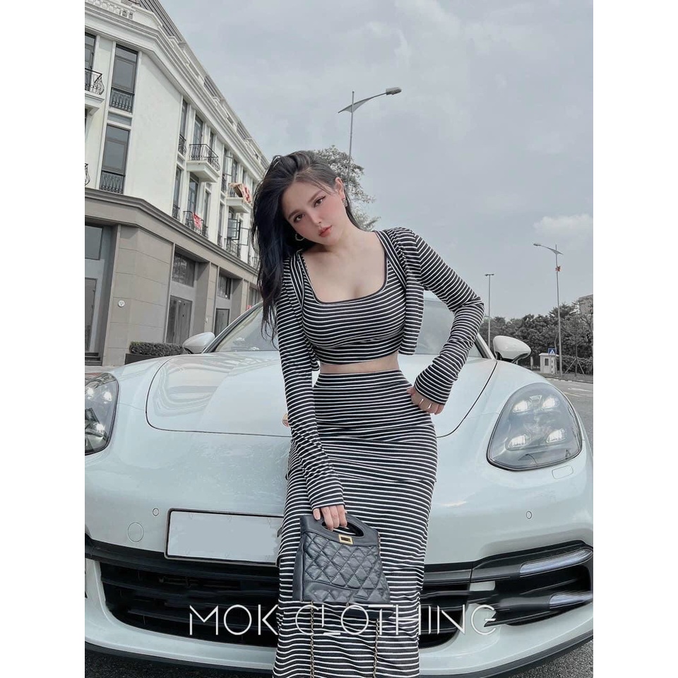 [12/12 Sale Freeship] Set bộ ba món nữ,set bộ chất thun gân áo hai dây trong kèm áo khoác dài tay mix chân váy dài mtb