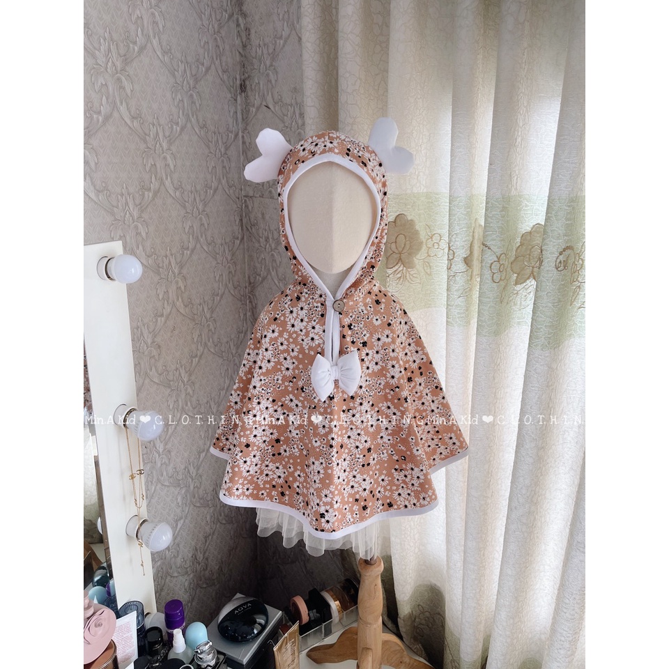 Áo choàng chống nắng dáng chùm họa tiết hoa có nón tai gấu dễ thương cho bé gái – Min A Kid