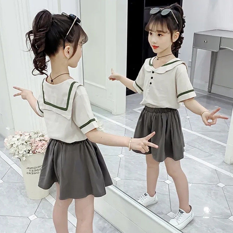 Bộ Đồ Thể Thao Hai Mảnh Áo Thủy Thủ Phong Cách Phương Tây Thời Trang Mùa Hè Mới Dành Cho Bé Gái Tiểu Học