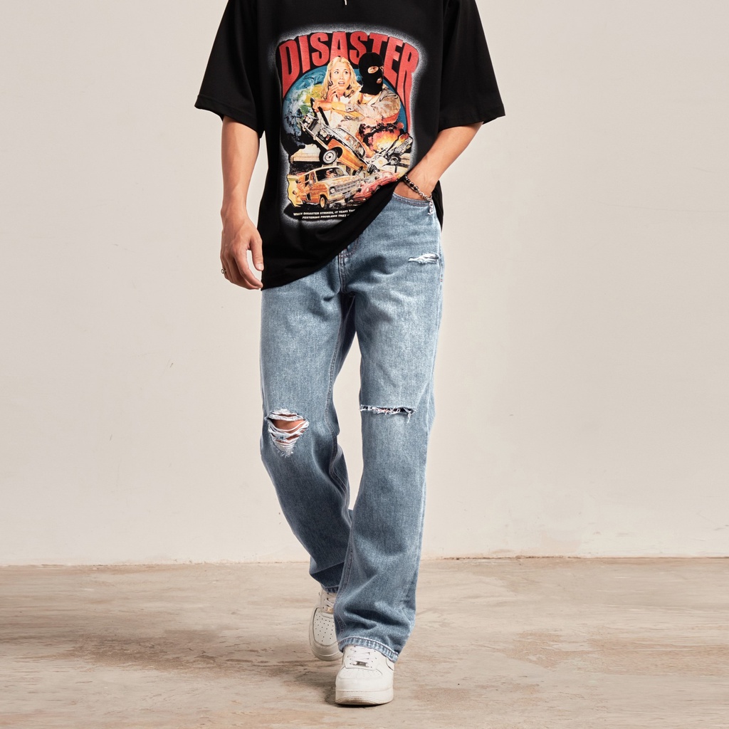 Quần jean nam, quần bò nam ống rộng streetwear màu xanh chất liệu denim không co giãn kiểu rách nhẹ.
