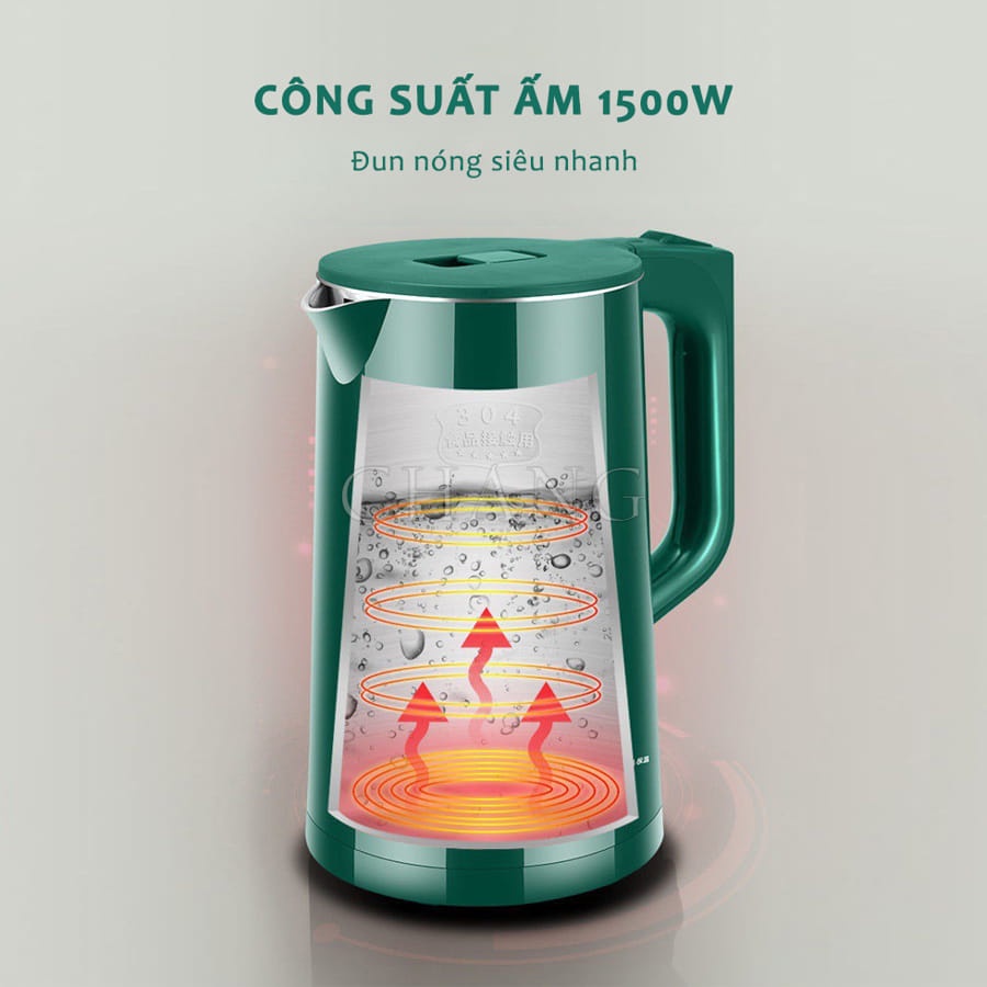 Ấm Siêu Tốc Gugkoo 2 Lớp, Ấm Đun Nước Siêu Tốc Công Suất Lớn 1500W Dung Tích 2.5L An Toàn Tiết Kiệm Điện