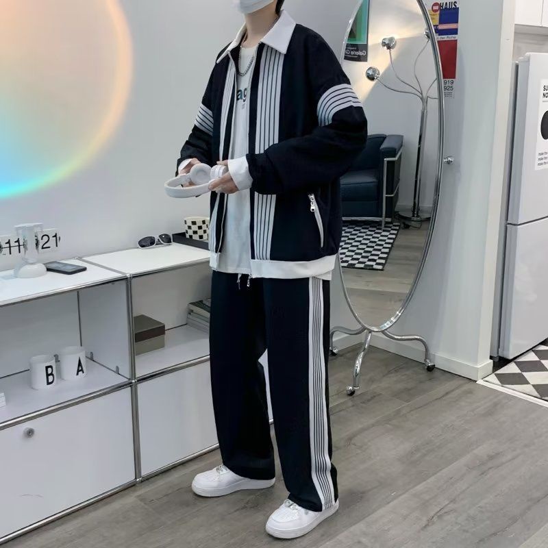 Bộ Đồ Thể Thao Hai Mảnh Áo Khoác Cardigan Phối Quần Ống Rộng Họa Tiết Kẻ Sọc Màu Sắc Phong Cách Hàn Quốc Thời Trang Xuân Thu Cho Nam Và Nữ