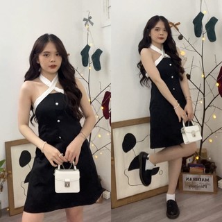 Đầm body viền mặc được 2 kiểu cột nơ trước màu đen freesize Pumi