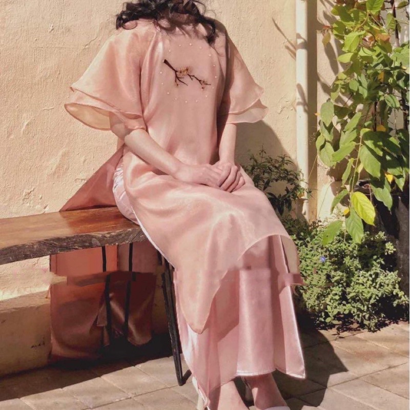 Áo dài cách Tân, áo dài hoa đào, mẫu hoa đào màu hồng tay cánh tiên-HS001