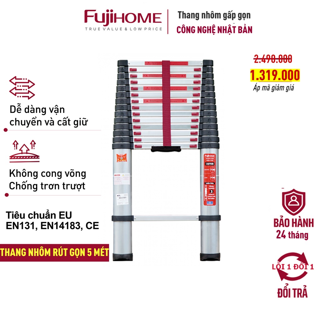 Thang nhôm rút đơn nhập khẩu 3,8M- 4.4M-5M gấp gọn đa năng FUJIHOME Công nghệ Nhật Bản - Chính hãng bảo hành 1 năm