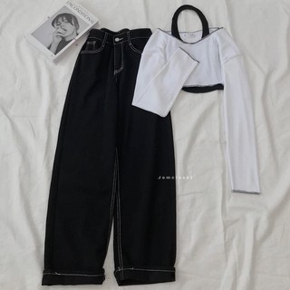 Set baggy jeans ống suông + set 2 món crop cuốn biên