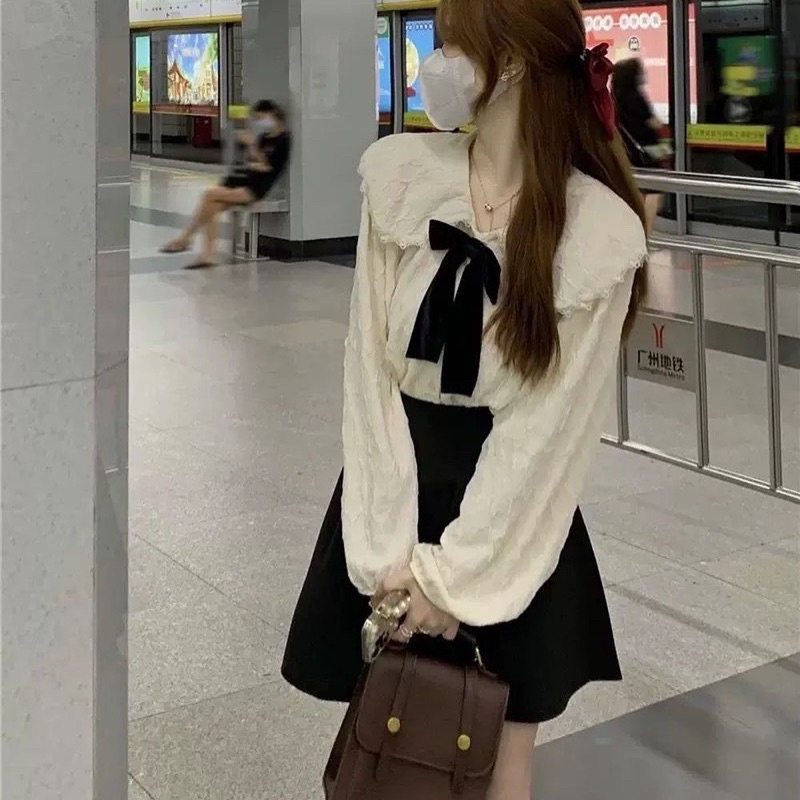 SẴN (Có ảnh thật + video) Set áo sơ mi hoa xốp cổ bèo cài nơ tay bồng mix cv nhung tăm xoè 2 kiểu dài và ngắn Un.style