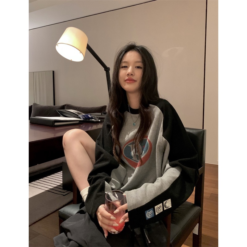 Áo Thun Dài Tay Dáng Rộng Phong Cách Retro Mỹ Cho Nữ