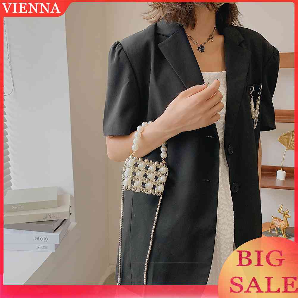 Túi Xách Đeo Chéo Đính Hạt Ngọc Trai Hình Vuông Mini Cho Nữ