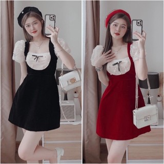 Đầm nhung 2 dây phối ren nổi đính nơ