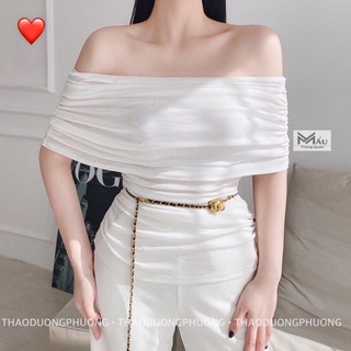 Áo nữ dáng ngắn chất thun nhũ mềm mịn kiểu trơn trễ vai đắp tay xinh hot