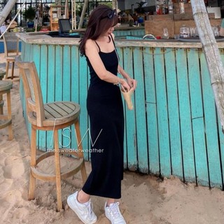 H.A.N STORE  Váy 2 Dây Thun Basic Đầm nữ dáng dài chất thun co giãn, màu đen trơn basic