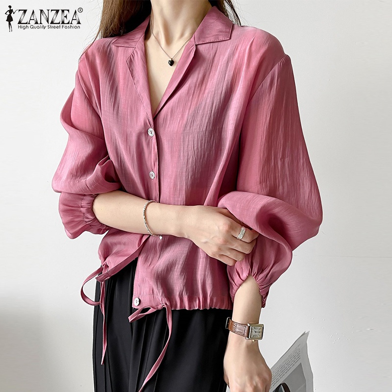 Áo sơ mi ZANZEA tay dài cổ bẻ thiết kế dây rút phong cách Hàn Quốc thời trang cho nữ