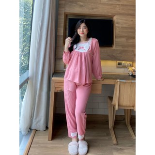 EVERMOM l Đồ bộ bầu mặc nhà dài bèo ngực nơ 2in1 có khóa kéo cho bé ti