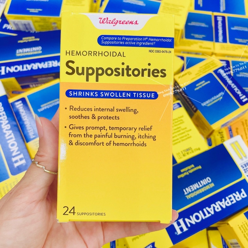 Hộp 24 viên đặt trĩ Hemorrhoidal Suppositories Walgreen Mỹ