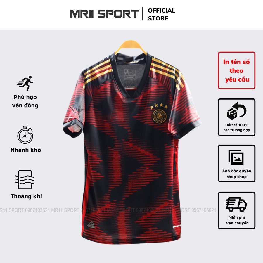Bộ Quần Áo Bóng Đá Đội Tuyển Đức Thi Đấu Tại WC 2022 Đen Đỏ Vải Thun Mới Nhất PP Bởi MR11 SPORT