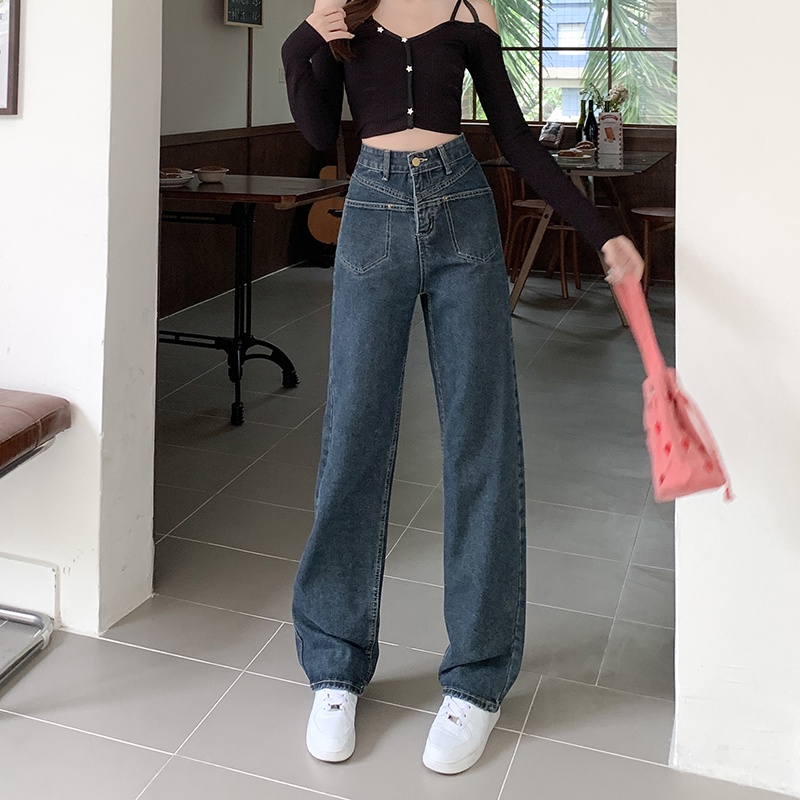 Quần jean dài SUXI lưng cao ống rộng màu trơn thời trang cá tính cho nữ