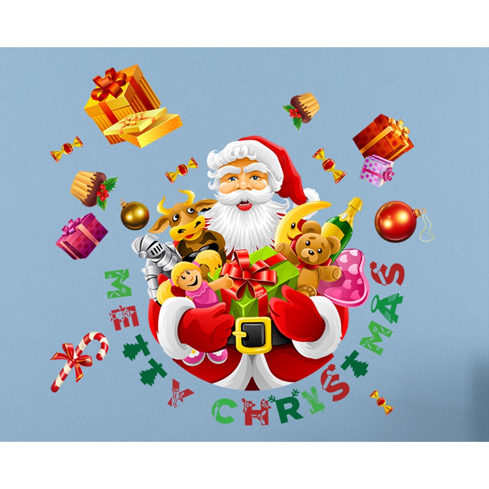Decal trang trí Noel - Vòng tròn ông già Noel ôm quà