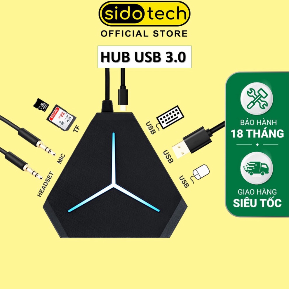 Bộ chia cổng HUB USB SIDOTECH mở rộng kết nối đa năng 6 cổng USB tốc độ cao, cổng Audio, đầu đọc thẻ nhớ, đèn LED - Hàng