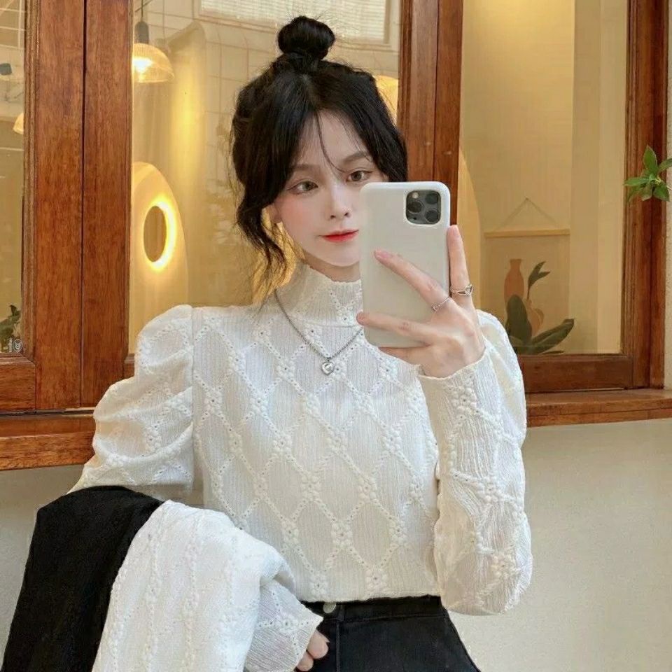 Áo Ren Trắng Cổ Cao Thiết Kế Mới Thanh Lịch Cho Nữ