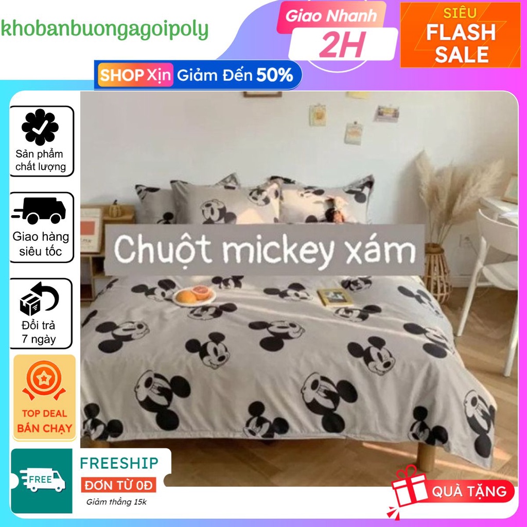 Drap ga giường 1m6x2m-mẫu chuột mickey xám
