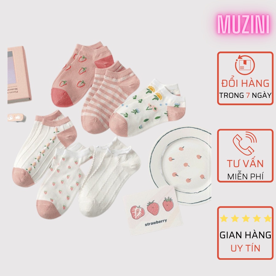 Combo 6 Tất hồng cổ ngắn Muzini vớ nữ thêu hình hoa tone màu nhẹ nhàng nữ tính TN70