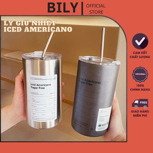Bình giữ nhiệt ICED AMERICANO có ống hút, cốc giữ nhiệt inox 304 dung tích 350ml 600ml 3 màu tặng 2 tấm sticker