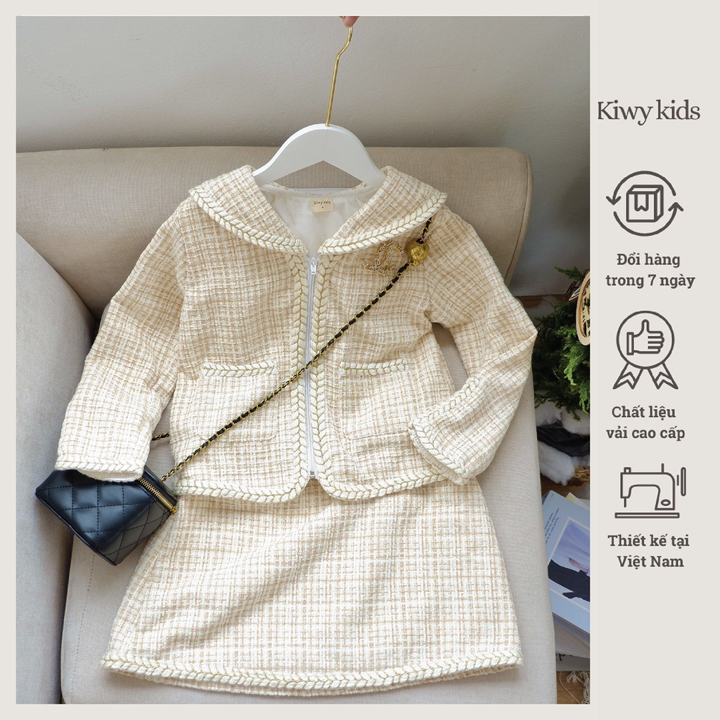 Set dạ bé gái Kiwy Kids chất liệu tweed mềm kiểu dáng thủy thủ hot trend Kids2147 cho bé 5 đến 11 tuổi
