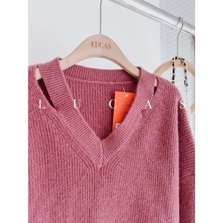 Áo len tăm cổ v xẻ vai tay dài dáng basic