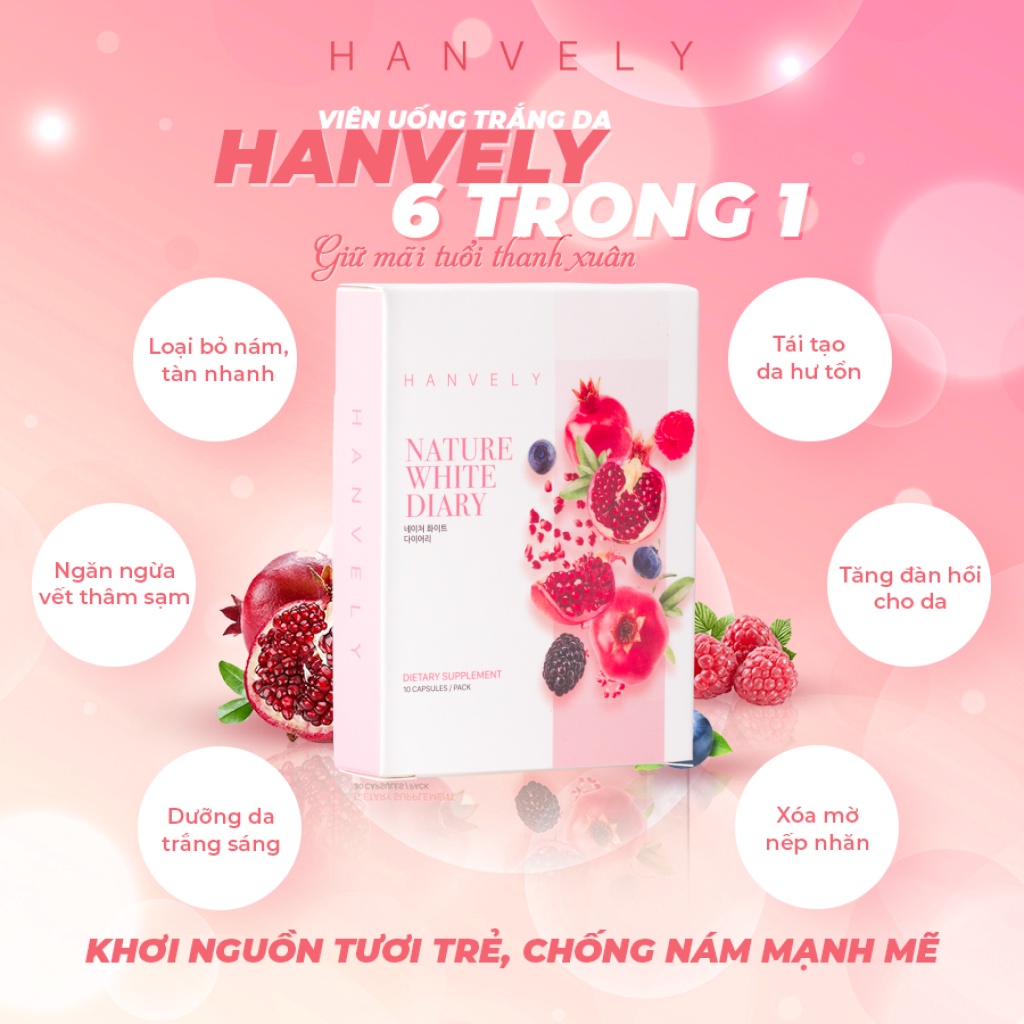 Viên Uống Trắng Da Hanvely Nature White Diary Blister Pack 1 Hàn Quốc trắng da, giảm nám, dưỡng ẩm 10 viên/ hộp