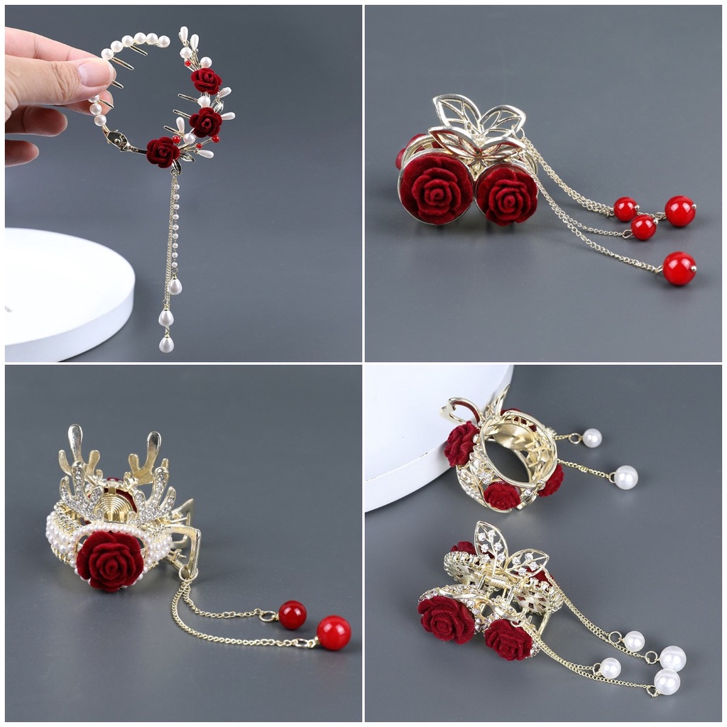 Flocked Kẹp Tóc Đuôi Ngựa Đính Đá Ngọc Trai Giả Cao Cấp