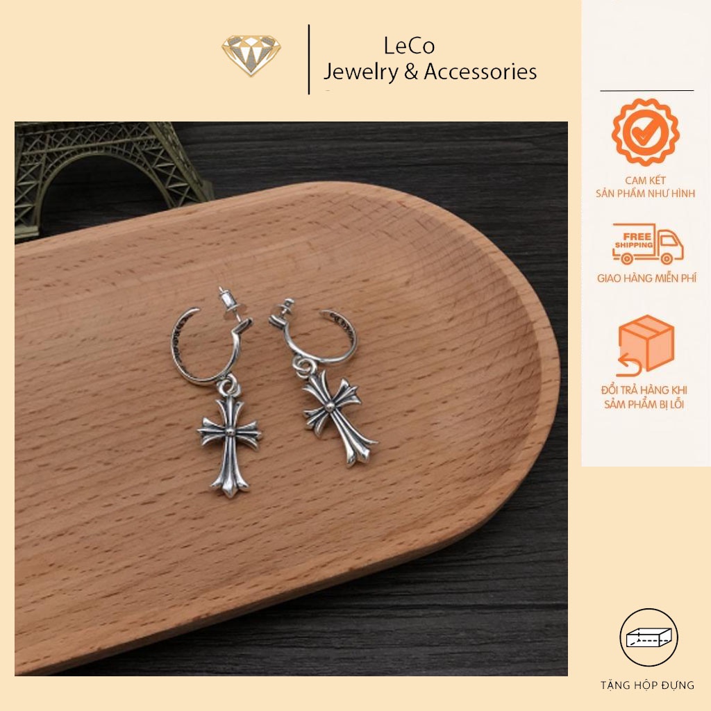 Khuyên tai Chrome heart bạc 925 gia công tỉ mỉ, Bông tai nam nữ dạng tròn có mặt chữ thập mã K010