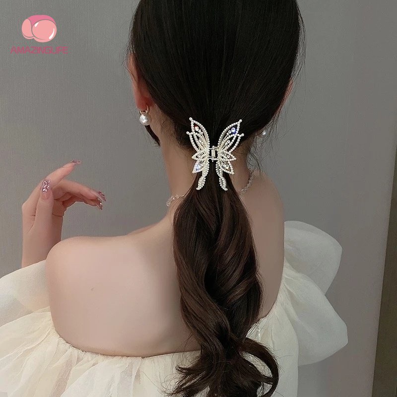 Kẹp Tóc Bướm / Kẹp Tóc Bướm Rỗng Bằng Kim Loại Đính Đá &amp; Ngọc Trai Phong Cách Cổ Tích Tinh