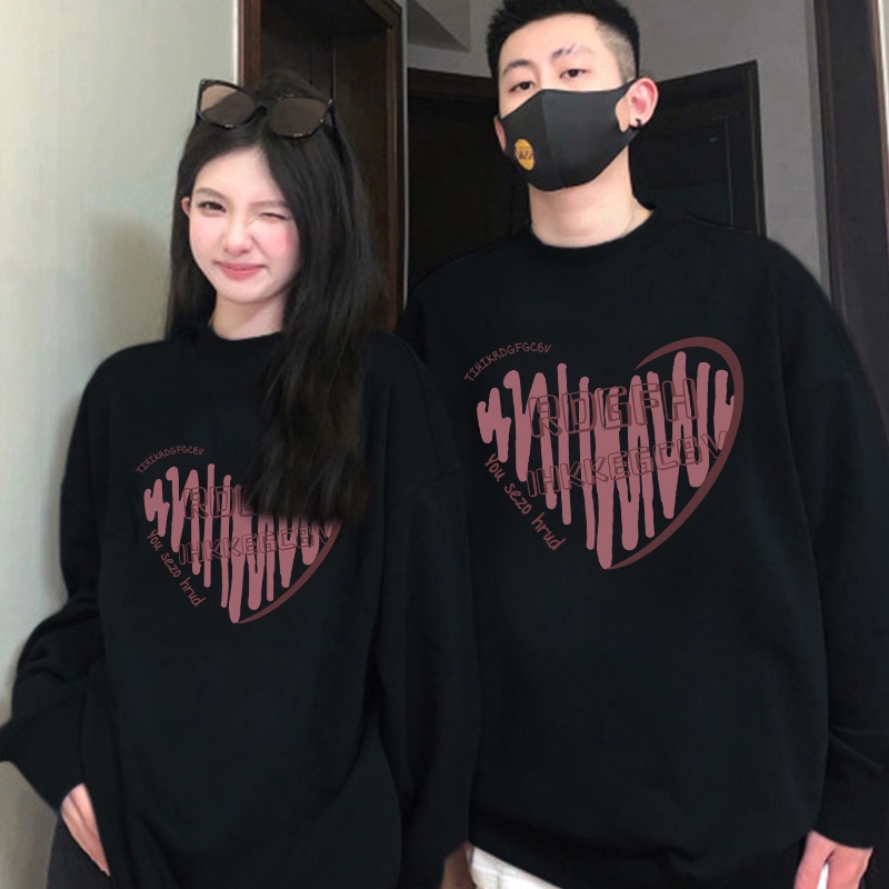 Áo sweater ihkke dài tay cổ tròn dáng rộng in chữ thời trang Hàn Quốc cho cặp đôi