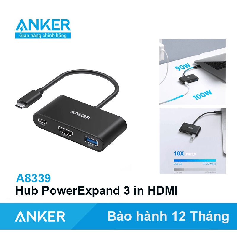 Cáp chuyển đổi Hub ANKER USB-C to HDMI + Sạc nhanh PD 100W + USB3.0 PowerExpand 3in1 - A8339 cho Laptop Macbook