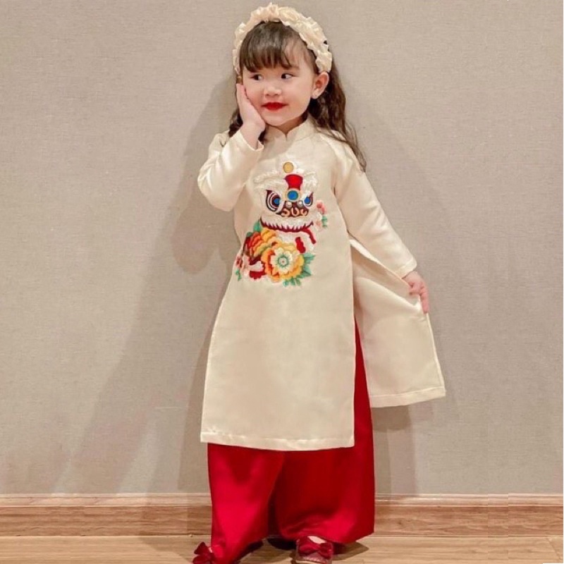 Áo Dài cách tân thêu Kỳ Lân cho bé GÁI, chất liệu nhung chéo cao cấp, áo dài tết đủ size 2 3 4 5 67 8 9