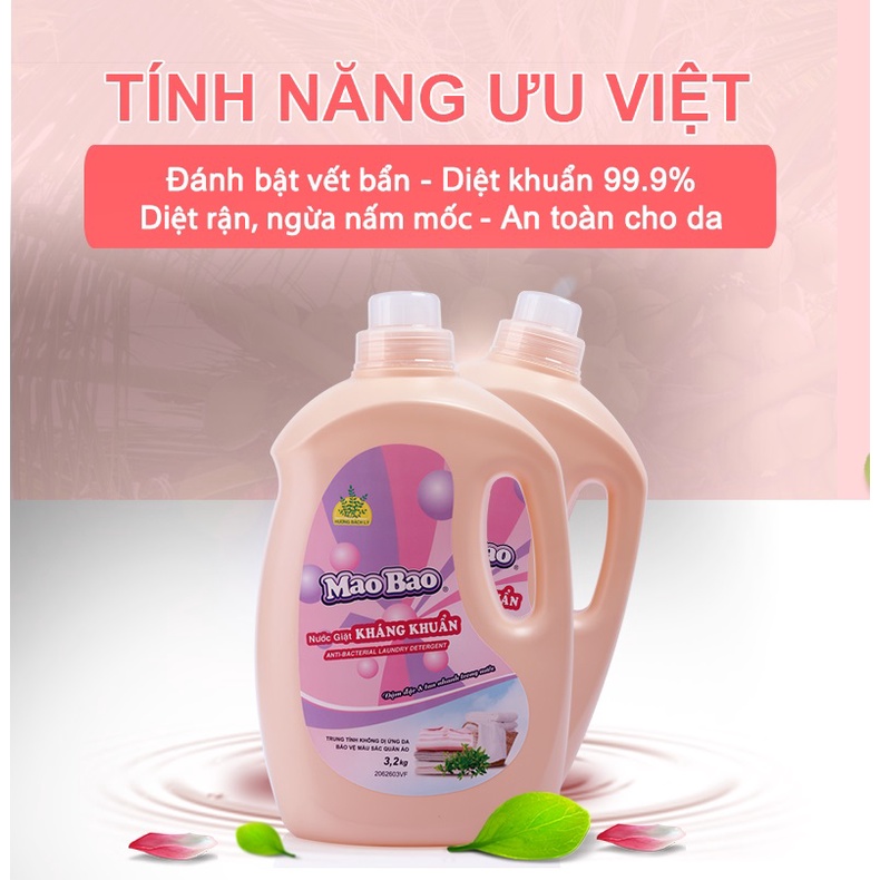 [Tổng 5.4kg] Combo 3 túi Nước giặt kháng khuẩn Mao Bao 1.8Kg Hương hoa bách lý khử mùi, dễ giặt xả, dành cho da nhạy cảm