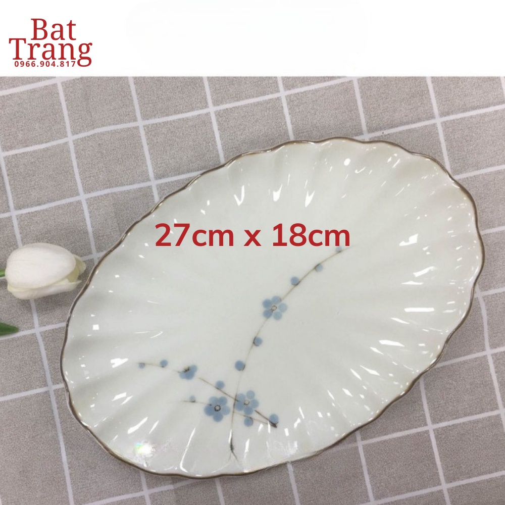 Đĩa sứ men kem Bát Tràng họa tiết đào xanh, dĩa đựng đồ ăn phòng bếp sang trọng chất lượng cao - hàng co