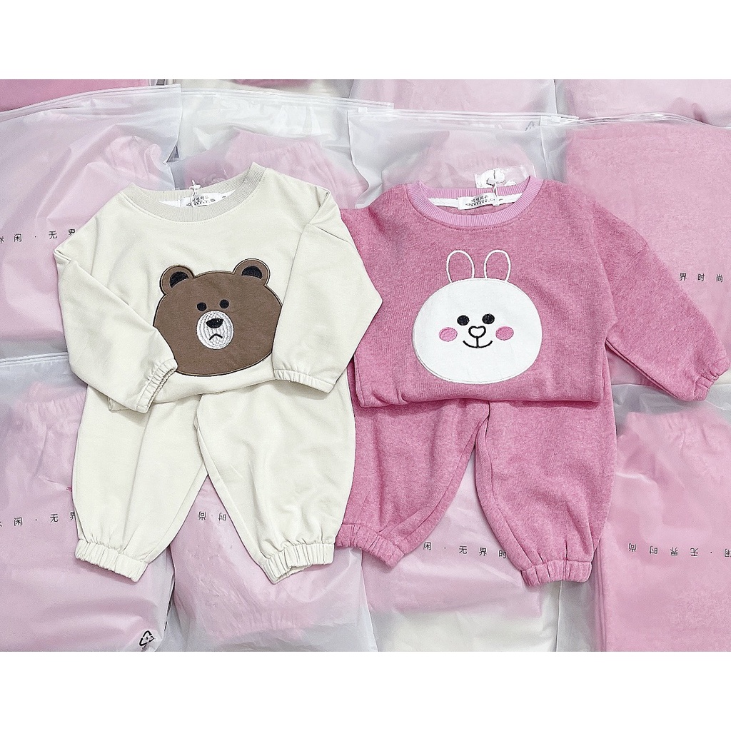 Set 2 bộ thu đông dài tay lot nỉ mịn họa tiết gấu thỏ dễ thương 2 màu trắng hồng cực xinh cho bé bo gấu giữ ấm